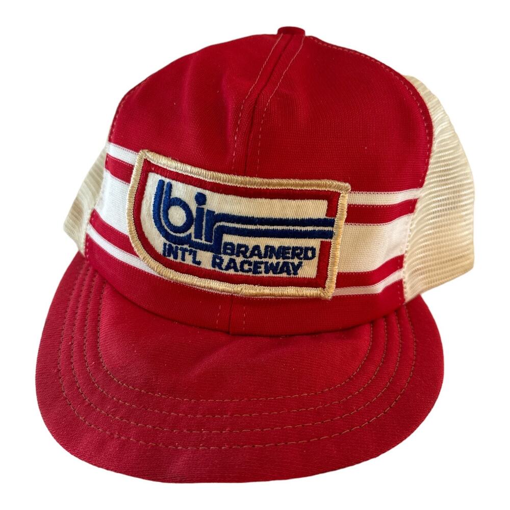 Vintage Brainard INT’L Raceway Snapback Hat Adjustable Mesh Red Racing L/XL